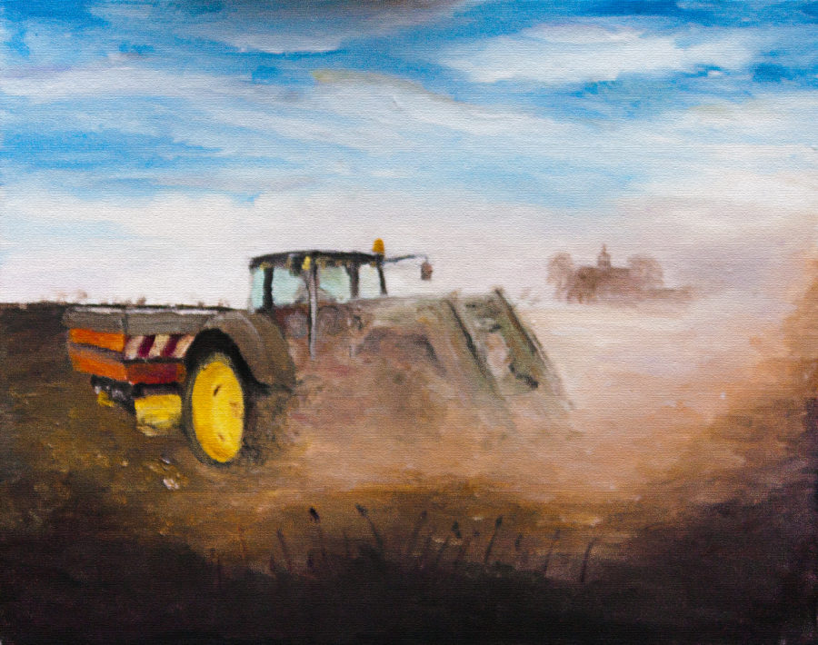 Praca w polu, traktor, żniwa - obraz olejny